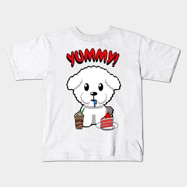 Cute furry dog is having coffee and cake Kids T-Shirt by Pet Station